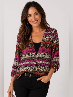 Cato Women’s Blouse L Geometric Tribal Print Pink Orange Black 3/4 Sleeve Top